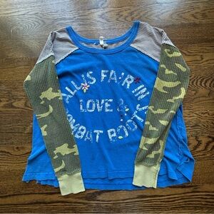 We The Free Blue and Green Camo Sleeve Shirt